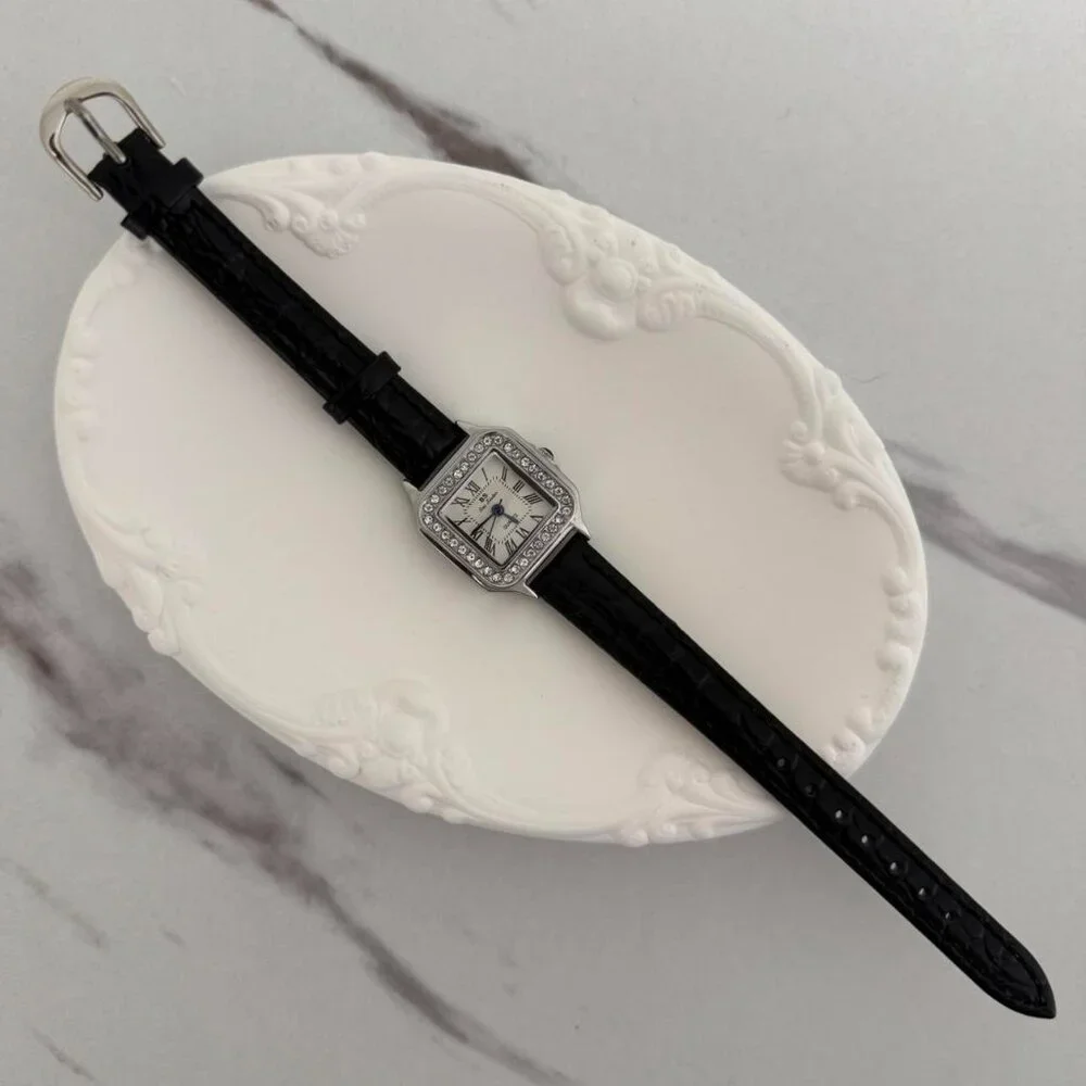Sku0152 SIlver black strap zircon stones women casual square watch + gift bag